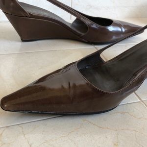 Prada Wedge Heel in Tobacco IT/EU Size 38. Patent